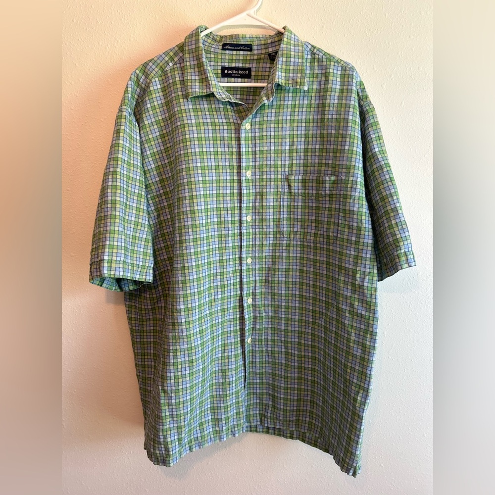 Austin Reed London Mens XXL 100% Linen-Cotton Green Blue Check Short Sleeve